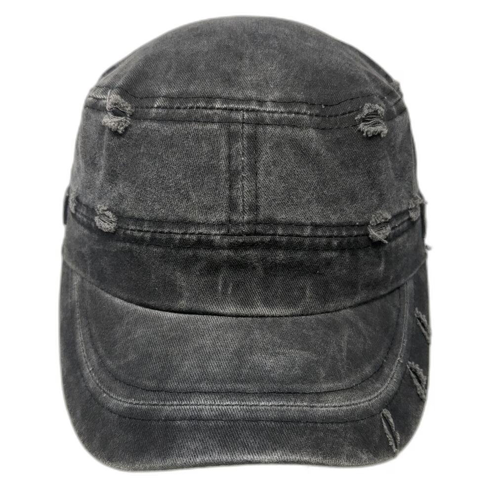So Army Cap Gray One Size Distressed Side Button Detail Frayed Faded Cadet Hat